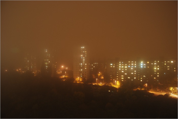 Kiev, Ukraine by a foggy night