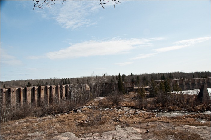 The now dry forebay of the Pinawa Dam